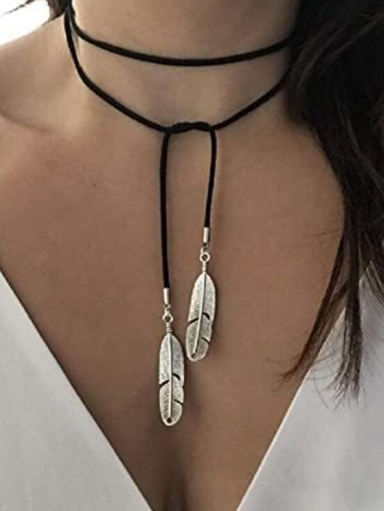 Jewelry - Black Wrap Choker Necklace with Silver Feather Pendants